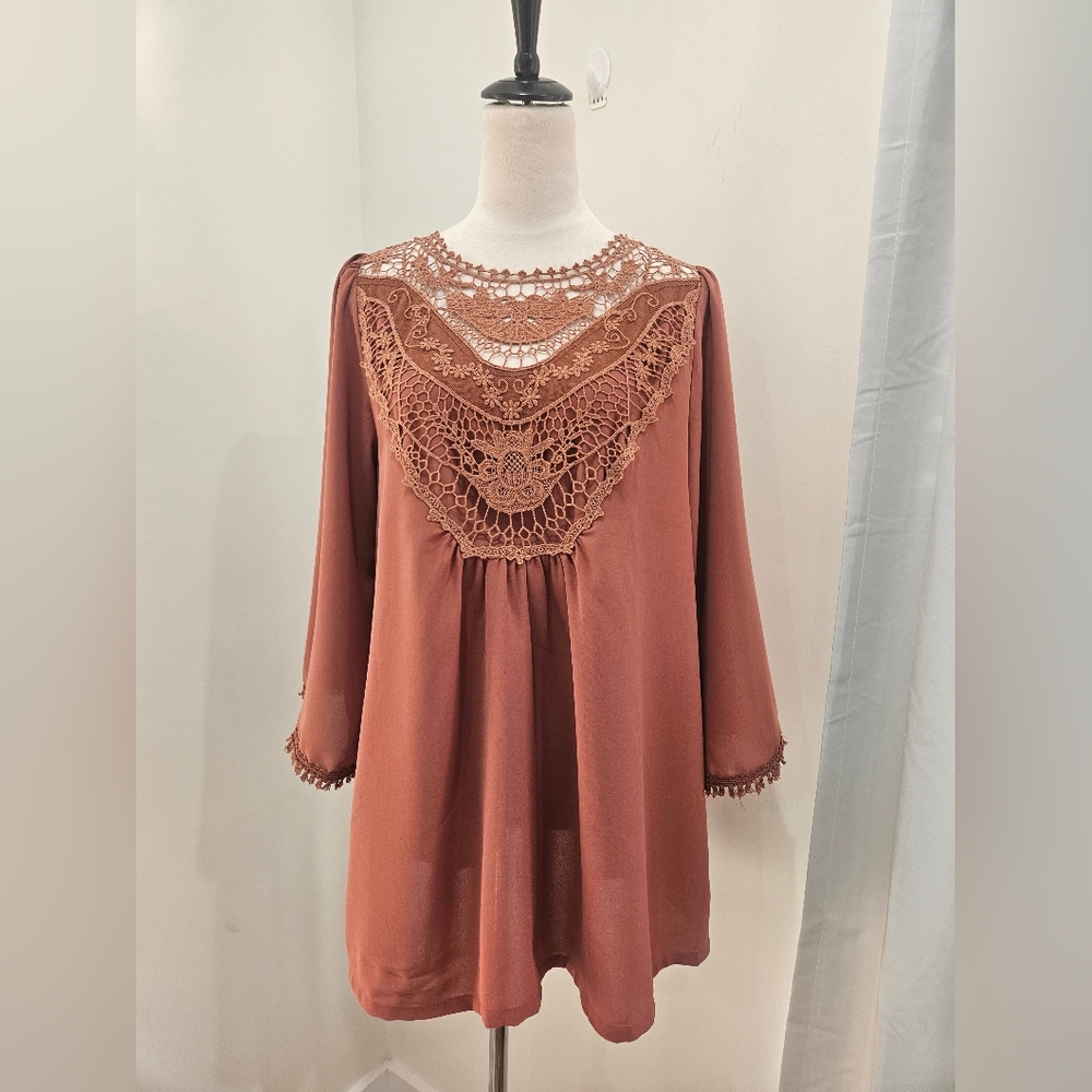 Dress Up Terracotta Bell Sleeve Blouse M Bohemian Crochet Detail
